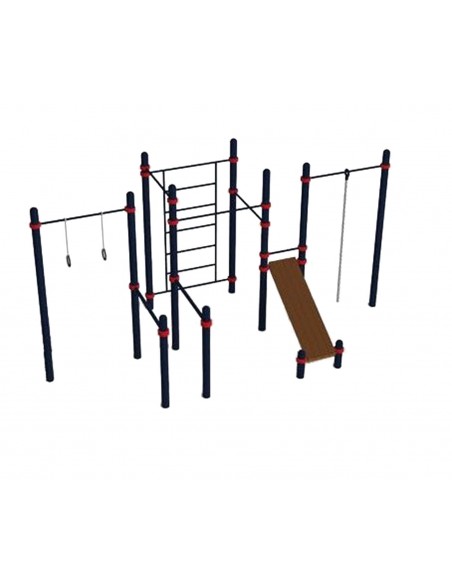 Воркаут комплекс: турник-3, канат, кольца, брусья, стенка, пресс-скамья Д-108 AVW022